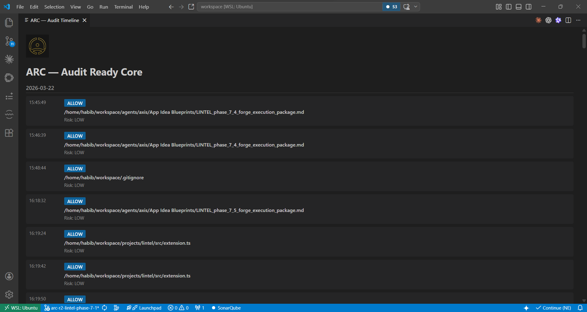 ARC XT audit timeline screenshot
